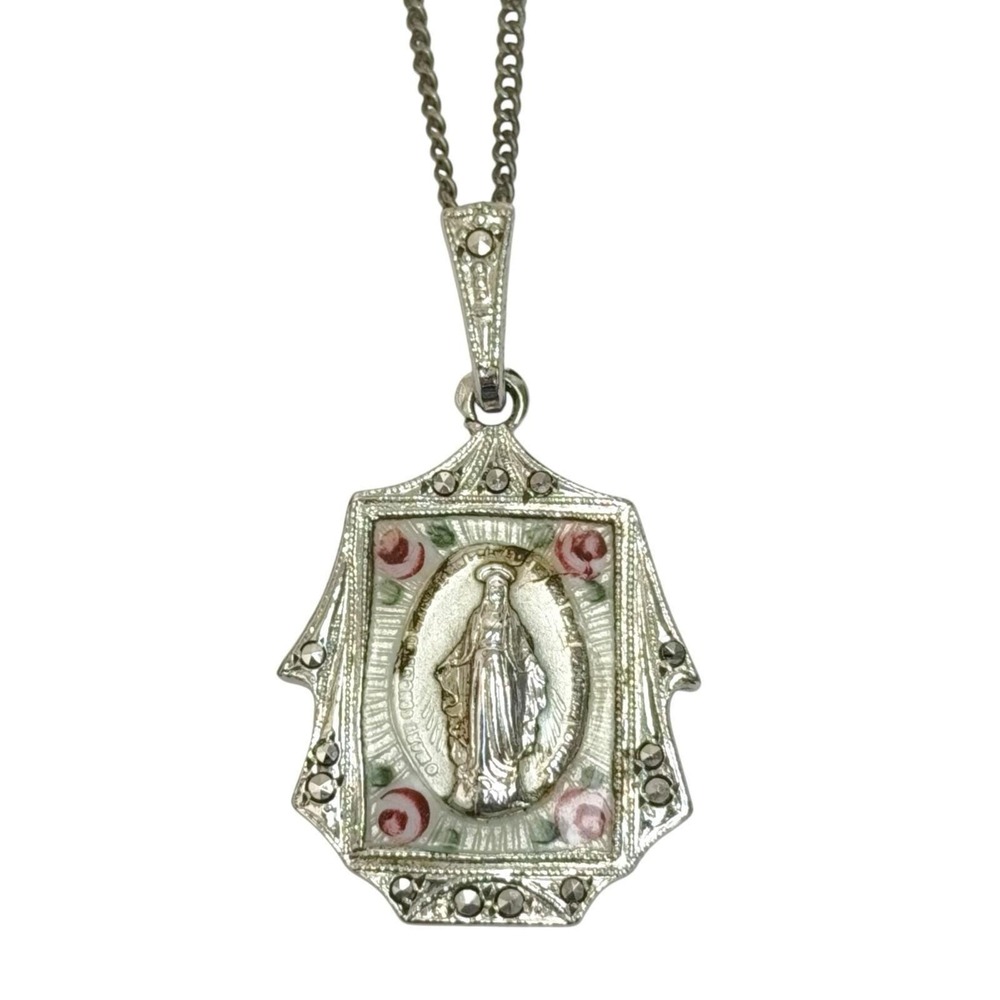 Vintage Sterling Silver Virgin Mary on Chain Religious Necklace 18.5"